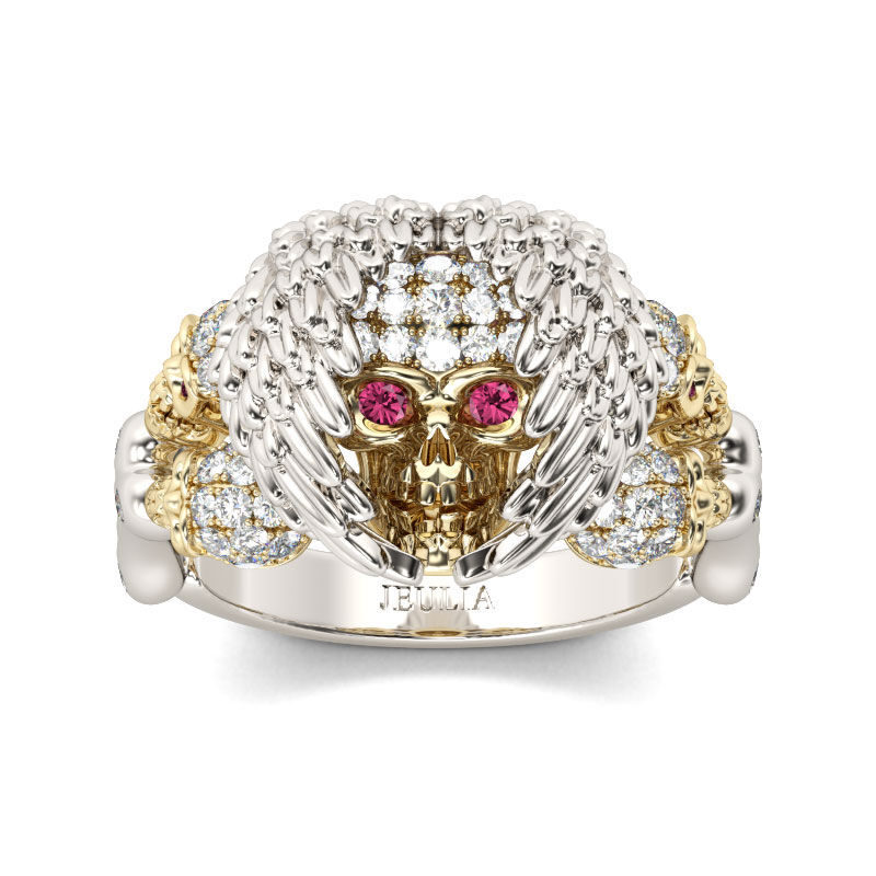 Jeulia Feather Round Cut Sterling Silver Skull Ring