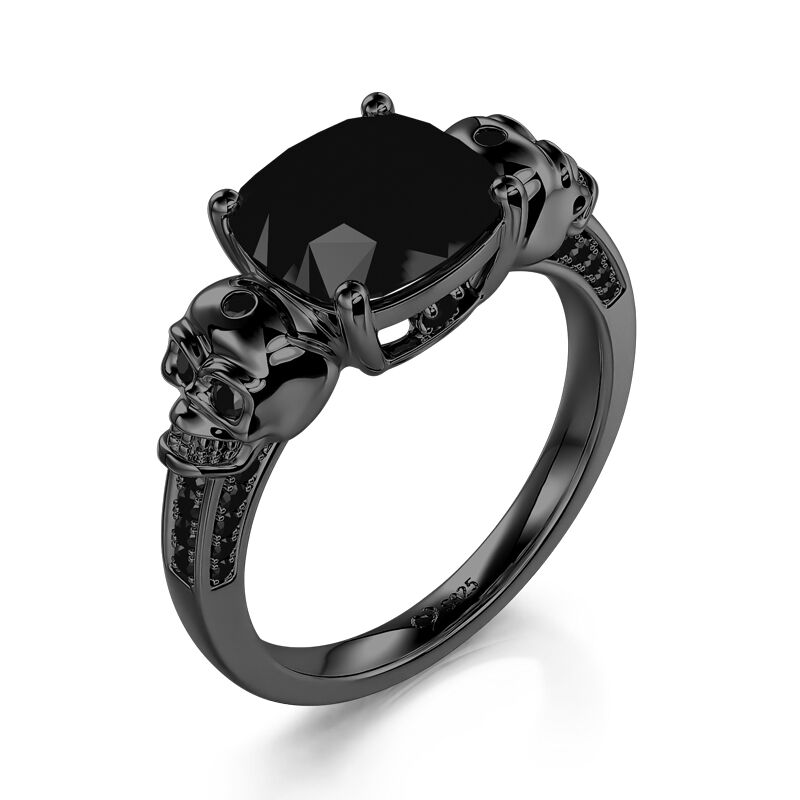 Jeulia"Eternal Love" Black Skull Cushion Cut Gothic Sterling Silver Ring