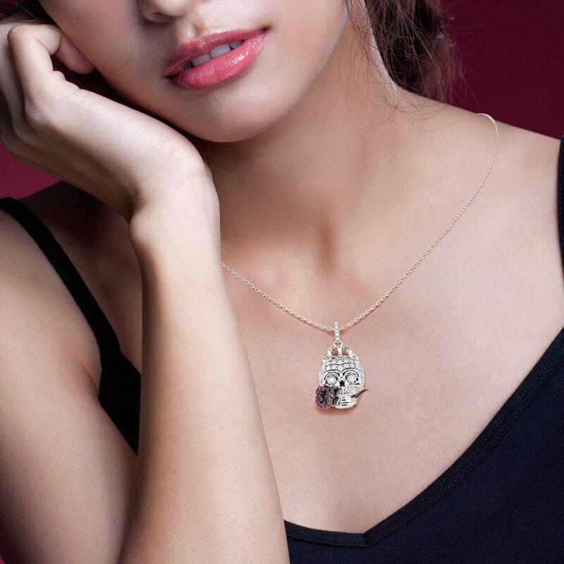 Jeulia "Forever Romance" Skull and Rose Flower Sterling Silver Necklace