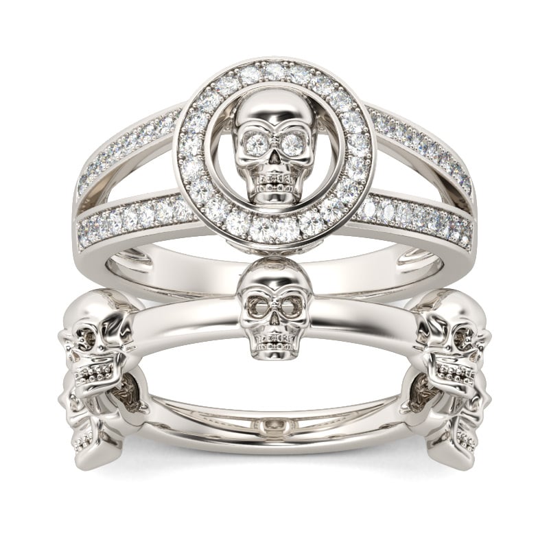Jeulia Split Shank Sterling Silver Skull Ring Set