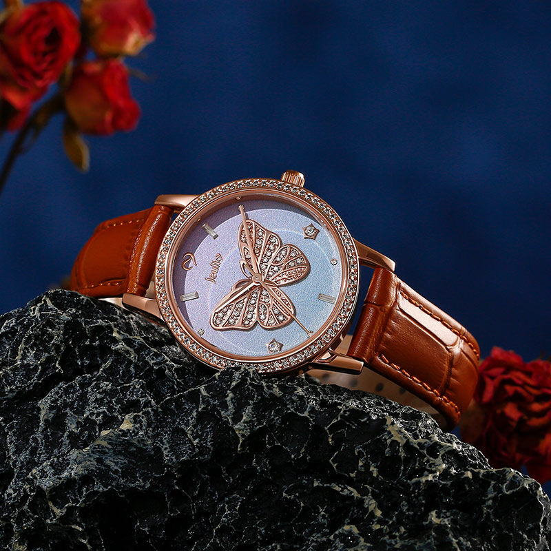 Jeulia "Dreamy Rainbow" Butterfly Design Quartz Brown Leather Watch with Ombre Dial