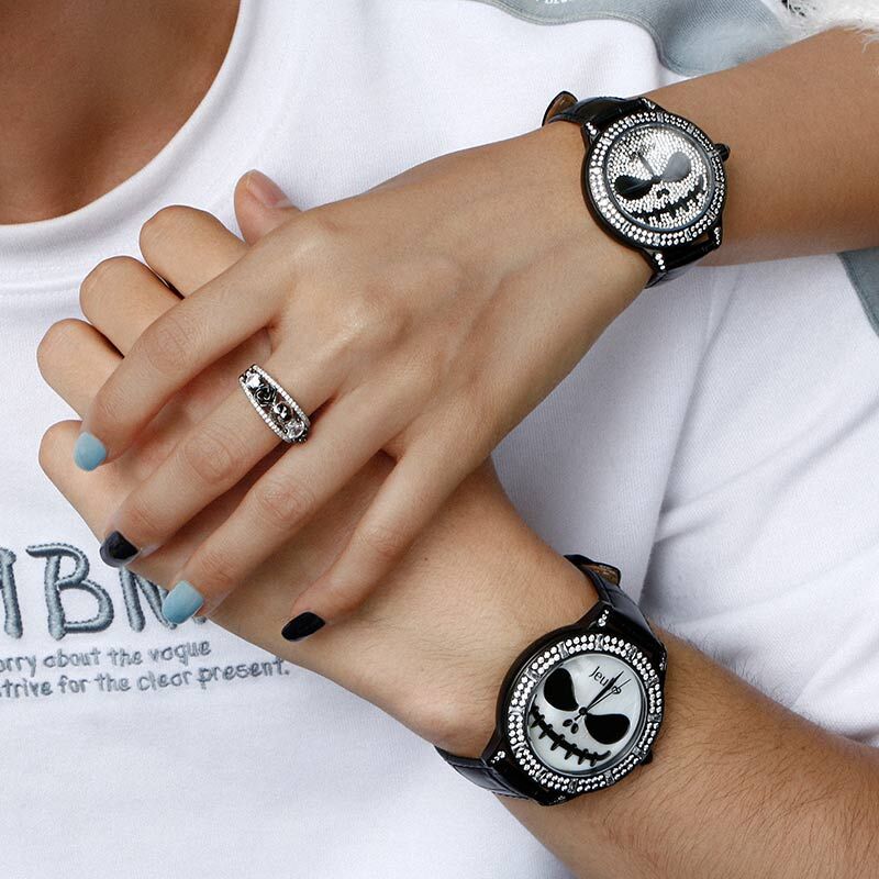 Jeulia "Patron Spirit of Halloween" Skull Design Quartz Black Leather Women's Watch