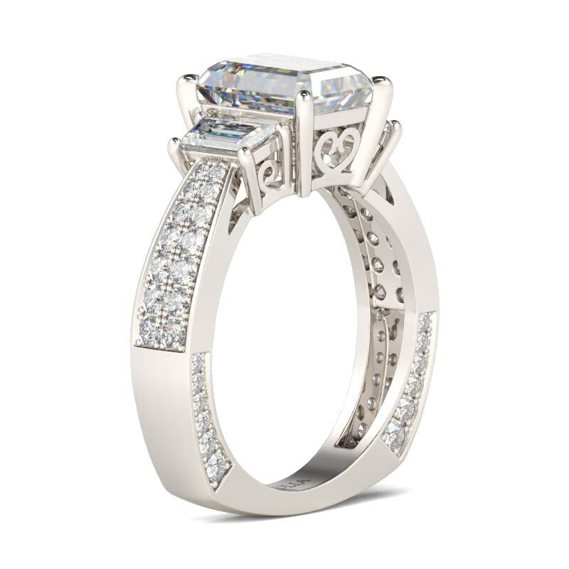 Jeulia Three Stone Emerald Cut Sterling Silver Ring