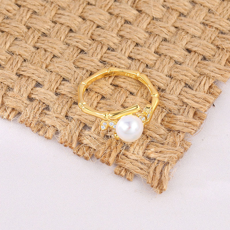 Jeulia Bamboo Cultured Pearl Sterling Silver Adjustable Open Ring