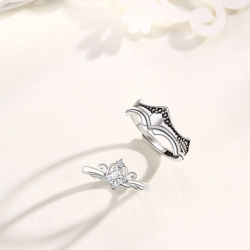 Jeulia Princess and Knight Sterling Silver Adjustable Couple Rings