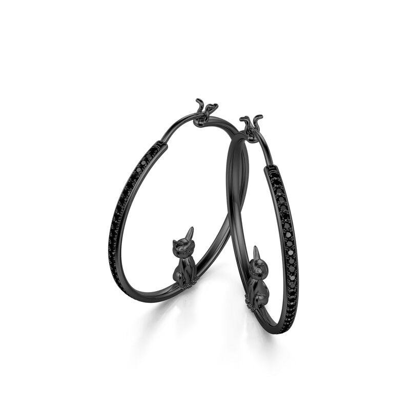 Jeulia "Death Witness" Black Cat Sterling Silver Hoop Earrings