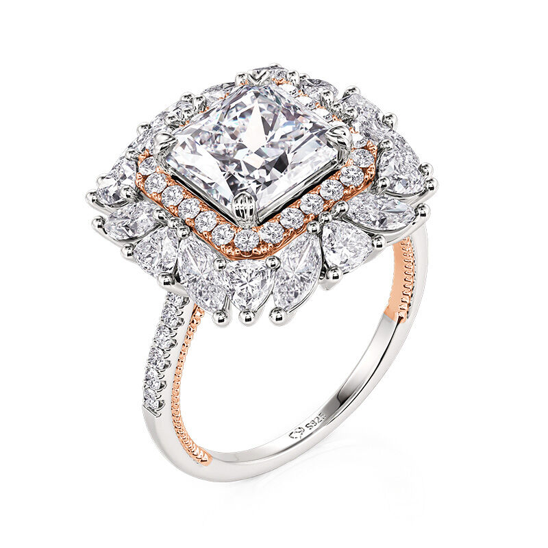 Jeulia Irregular Double Halo Two Tone Engagement Ring Radiant Cut