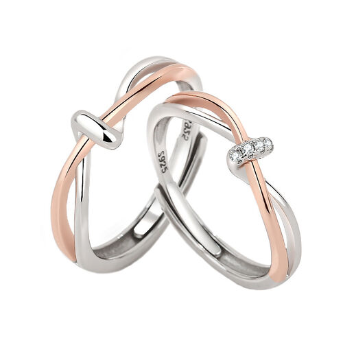 Jeulia Two Tone Knot Design Sterling Silver Adjustable Couple Rings