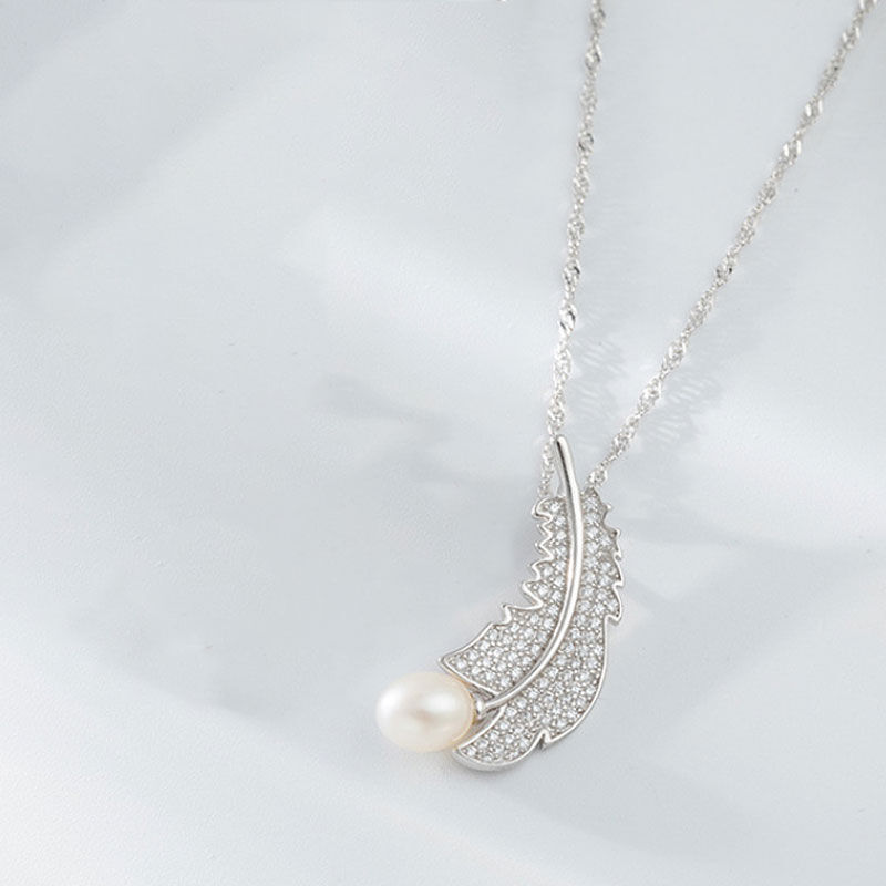 Jeulia Feather Shape Pearl Sterling Silver Necklace