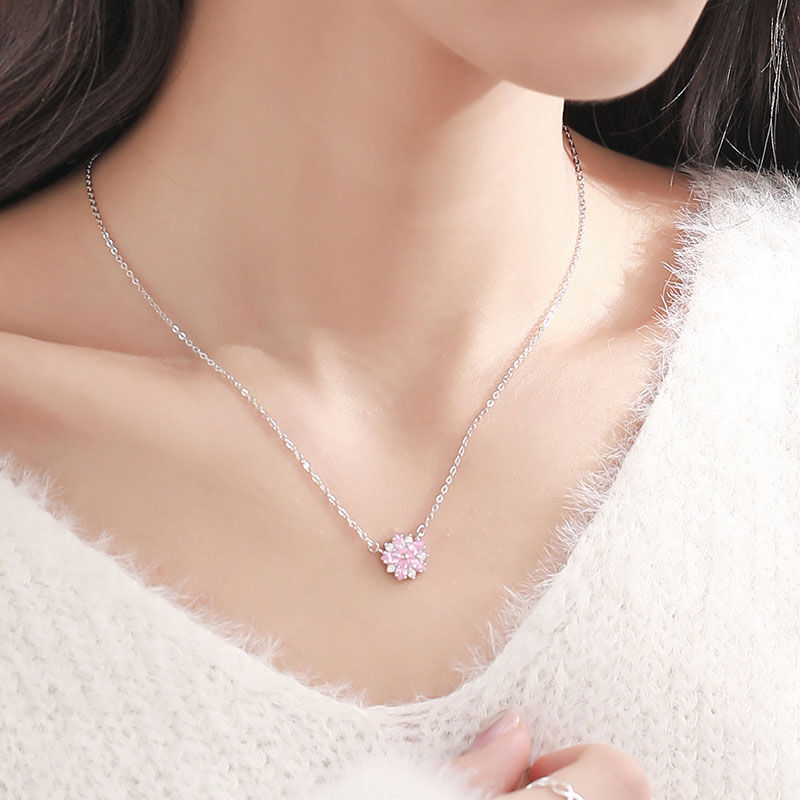Jeulia Sweet Floral Pink Petals Sterling Silver Necklace