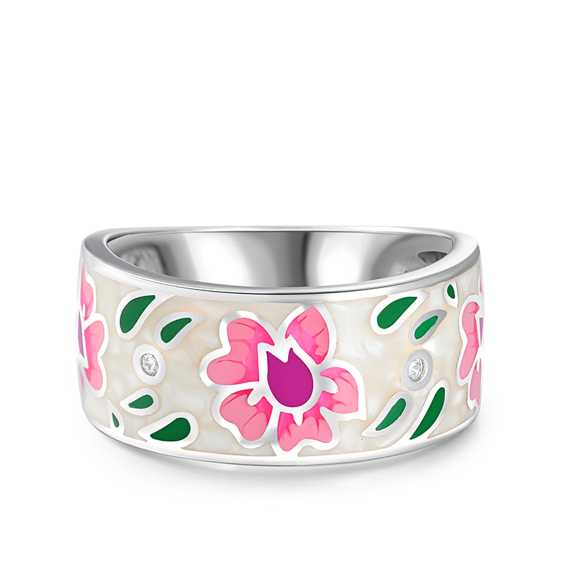 Jeulia "Shine Like the Sun" Floral Enamel Sterling Silver Women's Band