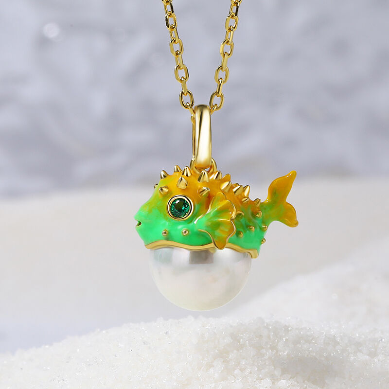 Jeulia "Bubbles" Puffer Fish with Cultured Pearl Enamel Sterling Silver Necklace