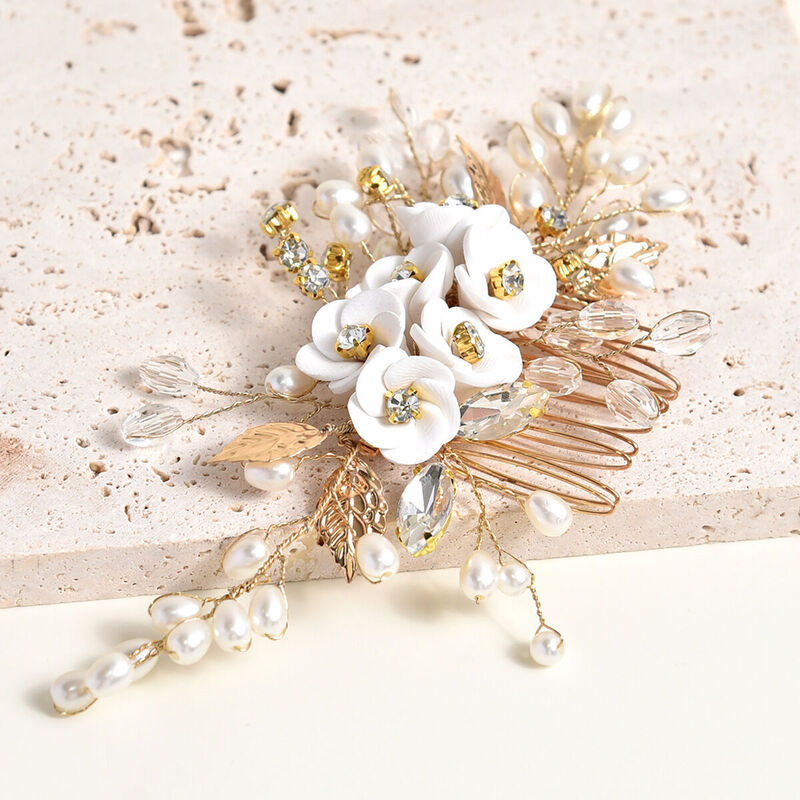 Jeulia White Flower Hair Comb Gold Tone Pearl Crystle Headpiece