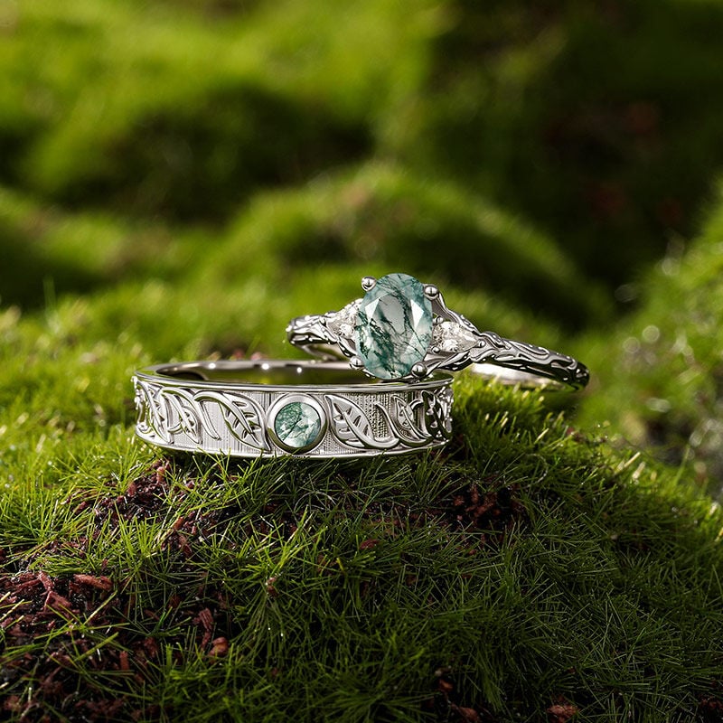 Jeulia Nature Inspired Moss Agate Couple Rings Set