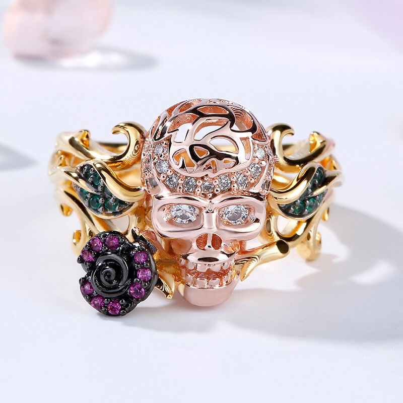 Jeulia "Forever Romance" Skull and Rose Sterling Silver Ring