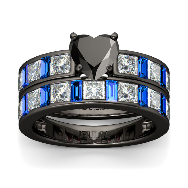 Jeulia Black Tone Heart Cut Sterling Silver Ring Set