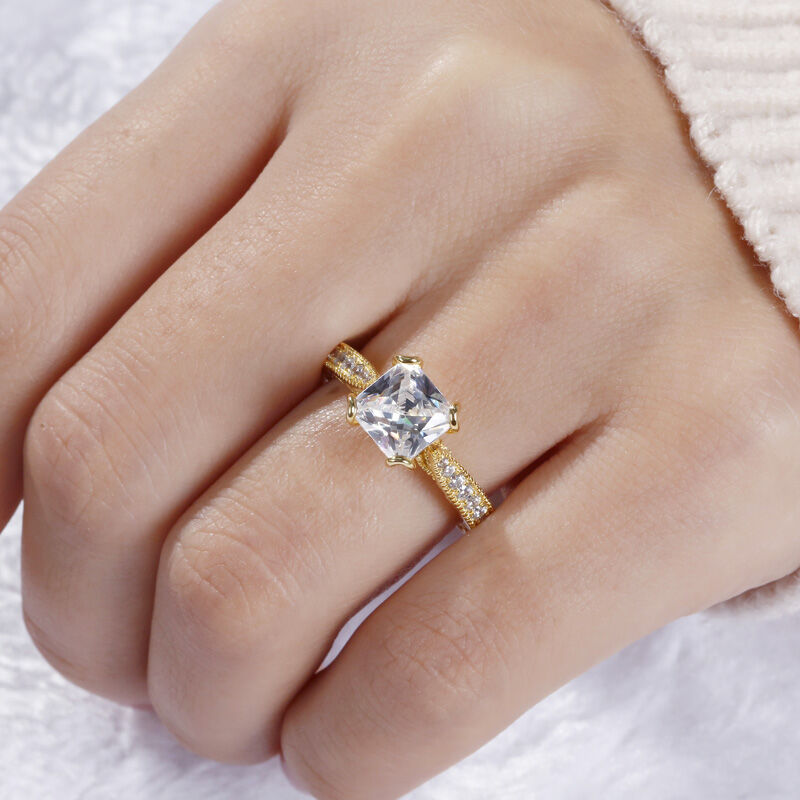 Jeulia Gold Tone Milgrain Princess Cut Sterling Silver Ring