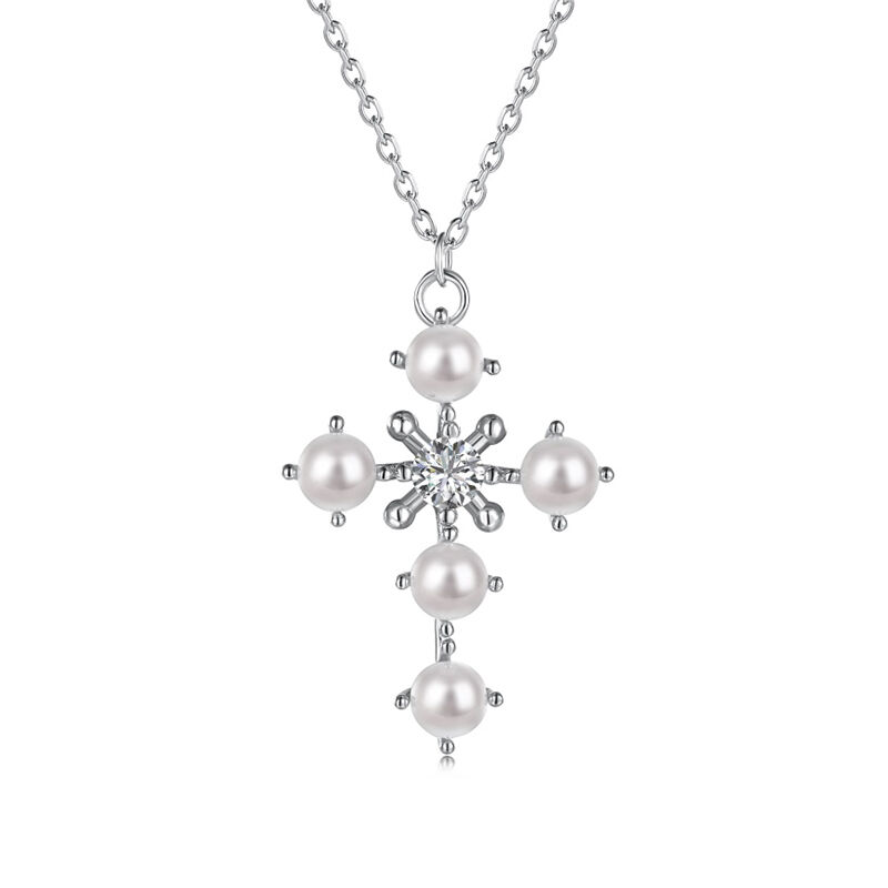 Jeulia Cross Design Pearl Sterling Silver Necklace