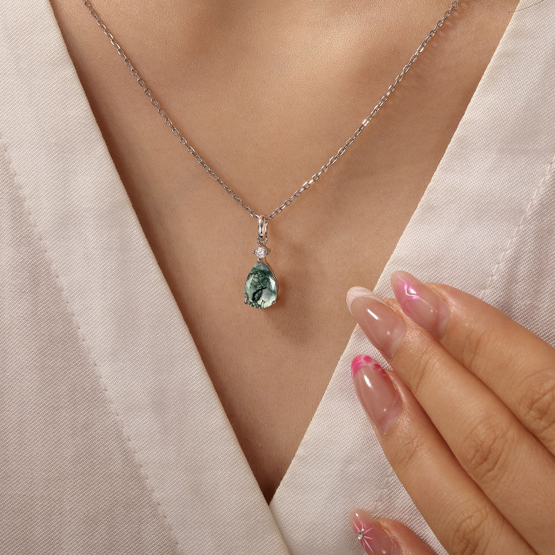 Jeulia クラシック ペアカット モスアゲート ペンダント ネックレス