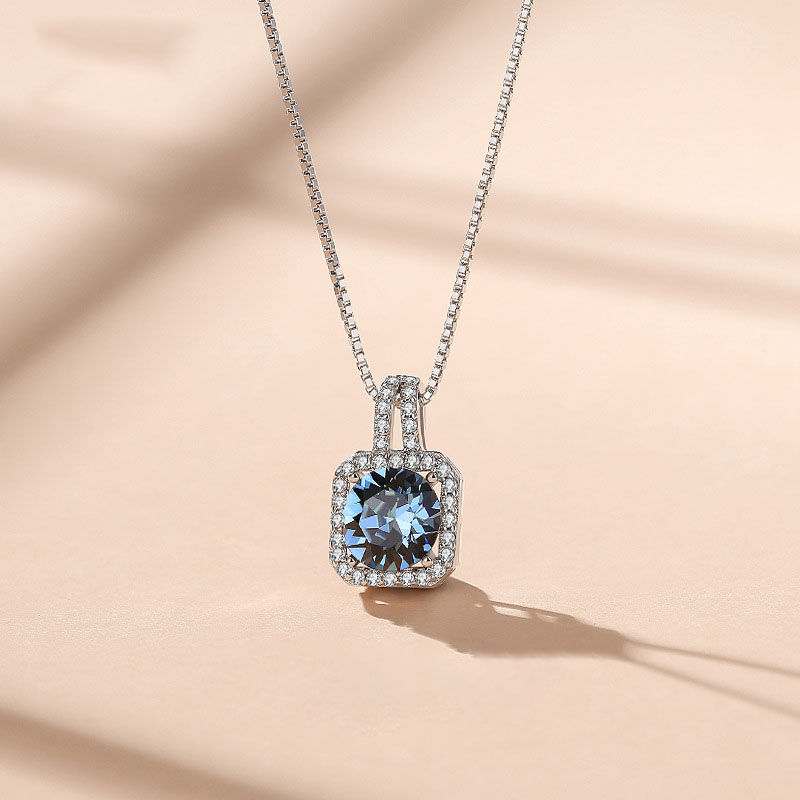 Jeulia Blue Sapphire Cushion Shaped Halo Sterling Silver Necklace