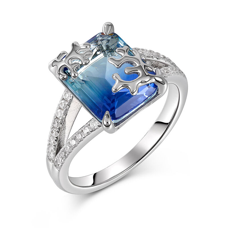 Anillo Azul De Plata De Ley Con Corte De Esmeralda Inspirado En Coral ...