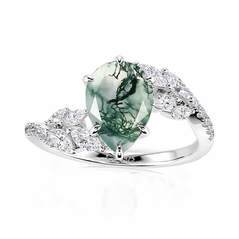 Jeulia Olivetta Bypass Moss Agate Engagement Ring Pear Cut