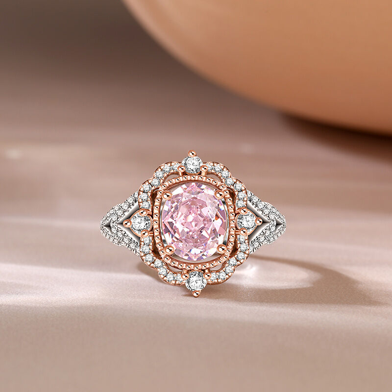 Jeulia "Princess Aura" Two Tone Halo Oval Cut Synthetic Morganite Sterling Silver Ring