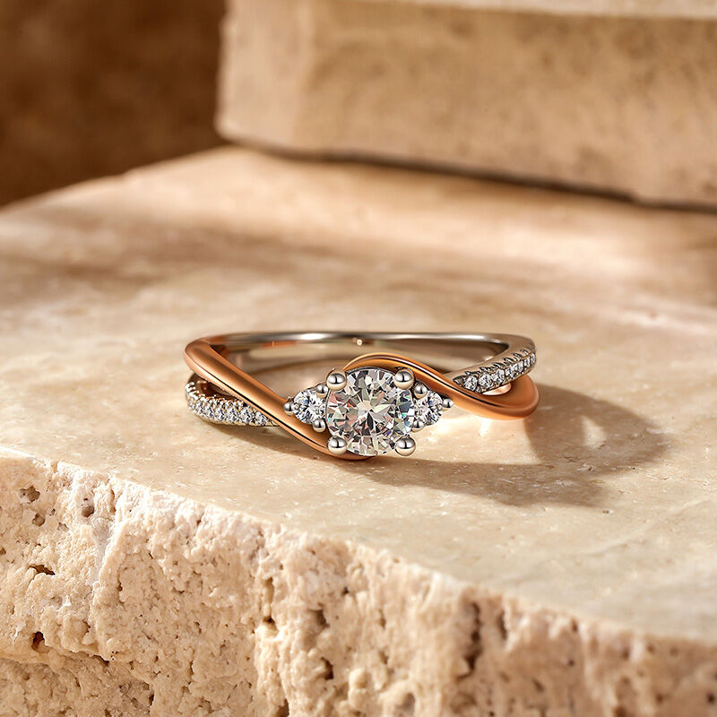 Jeulia Custom Three Stone Bypass Twist Two Tone Round Engagement Ring