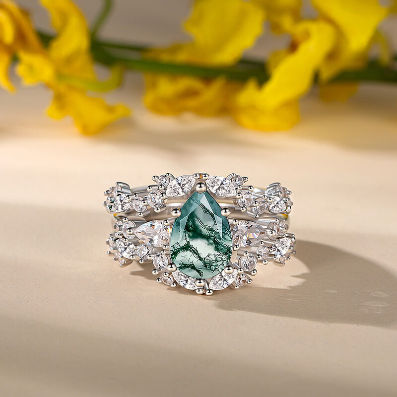 Jeulia Olivetta Juego de Anillos Corte Pera de Ágata Musgo