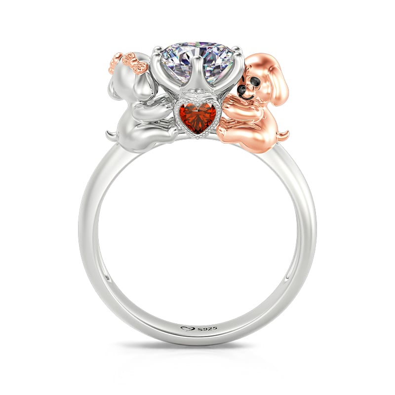 Jeulia Hug Me "Unique Dog Couple" Round Cut Sterling Silver Ring