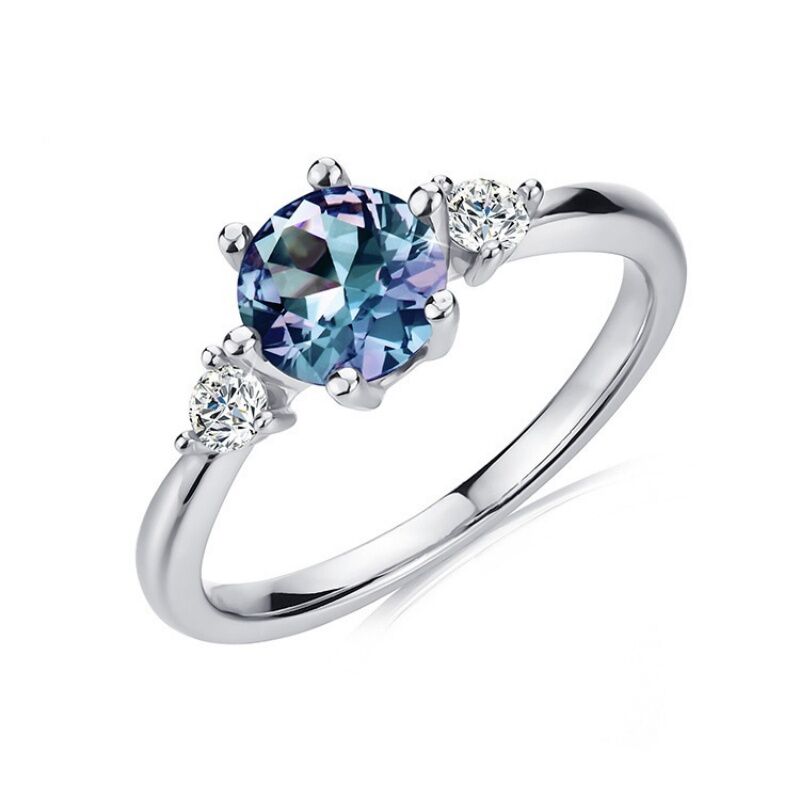 Jeulia Three Stone Alexandrite Round Cut Sterling Silver Ring