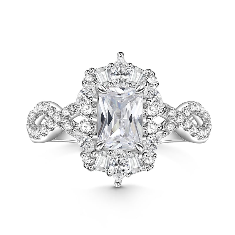 Jeulia Twist Halo Engagement Ring Radiant Cut Sterling Silver