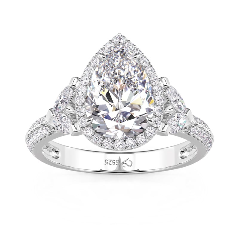 Jeulia Vintage Halo Pear Engagement Ring with Radiant Eternity Band Sterling Silver
