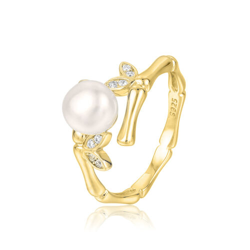 Jeulia Bamboo Cultured Pearl Sterling Silver Adjustable Open Ring