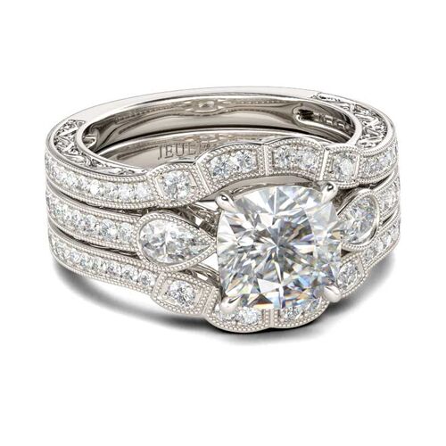 Jeulia Three Stone Cushion Cut Sterling Silver 3PC Ring Set