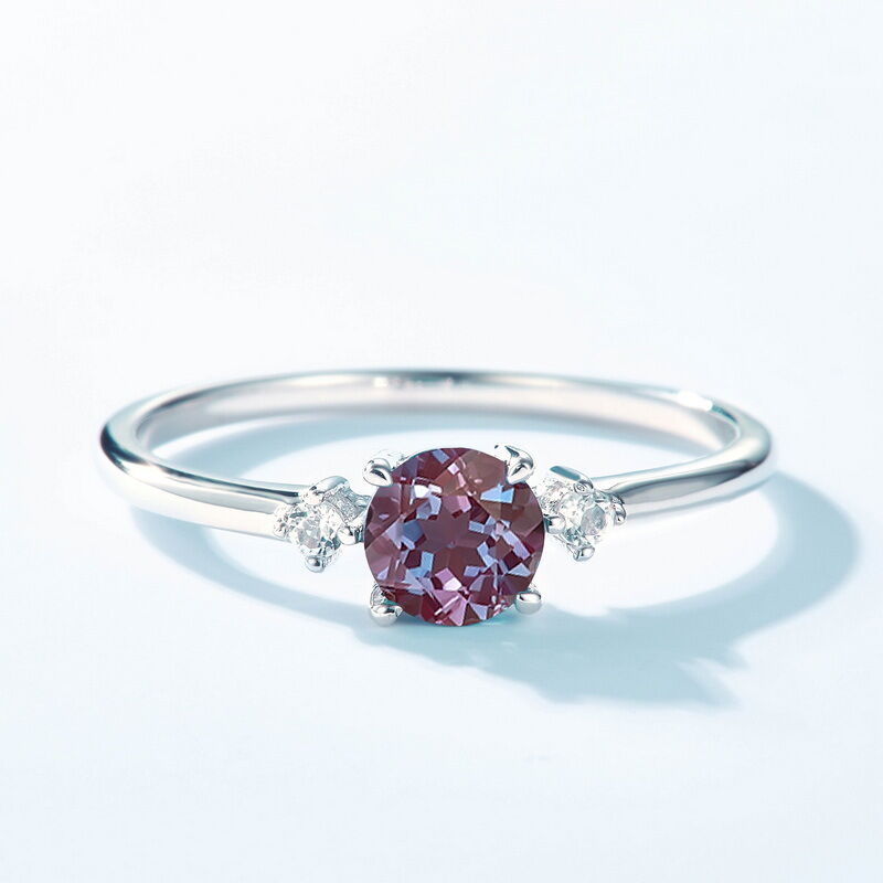 Jeulia Three Stone Alexandrite Round Cut Sterling Silver Ring