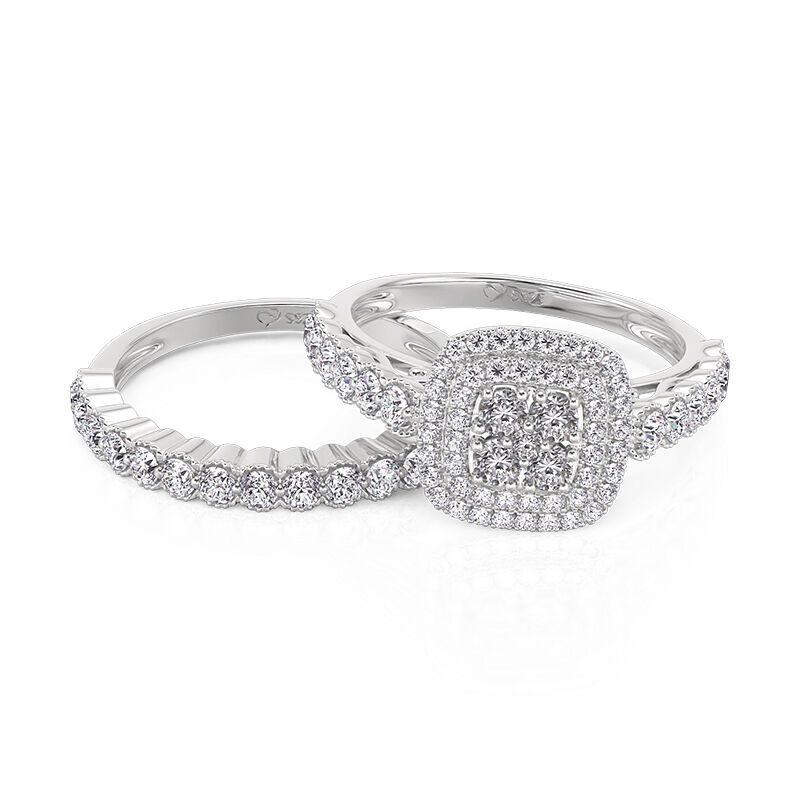 Jeulia Double Halo Cluster Ring Set with Eternity Band Sterling Silver