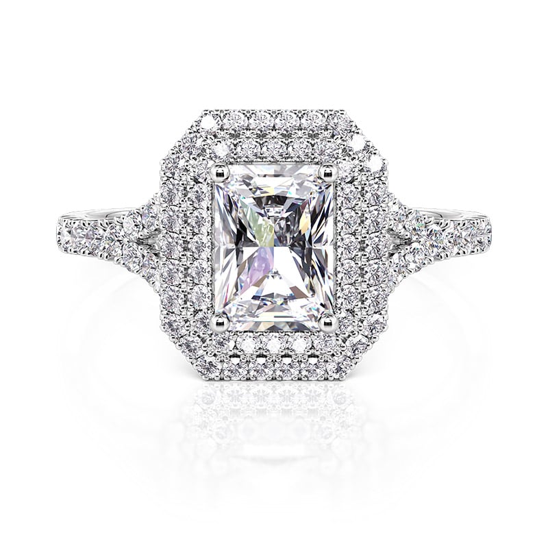 Jeulia Classic Double Halo Radiant Cut Engagement Ring Sterling Silver