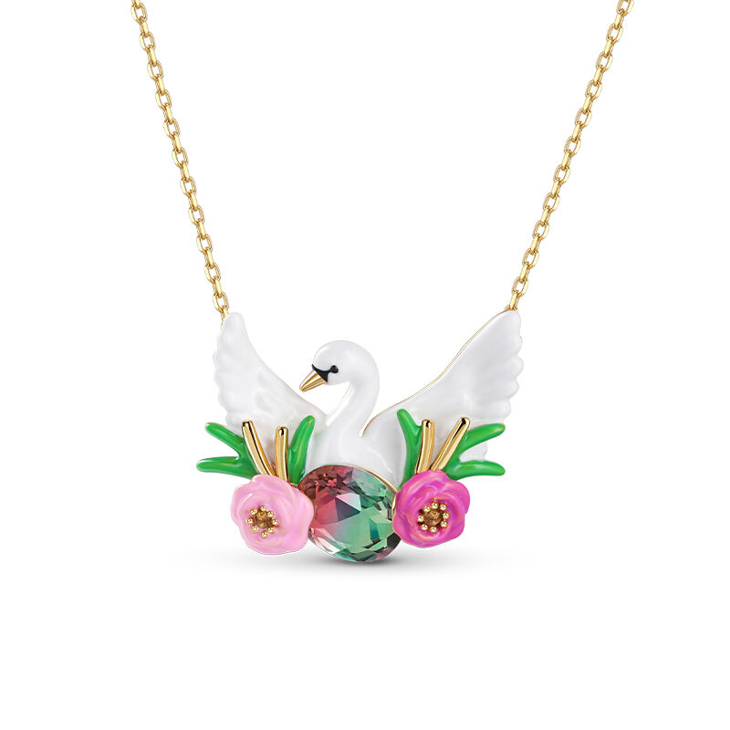 Jeulia "Love and Peace" Swan with Flower Enamel Sterling Silver Necklace