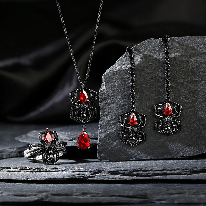 Jeulia Conjunto de joyas negros con arañas y calaveras de plata de ley
