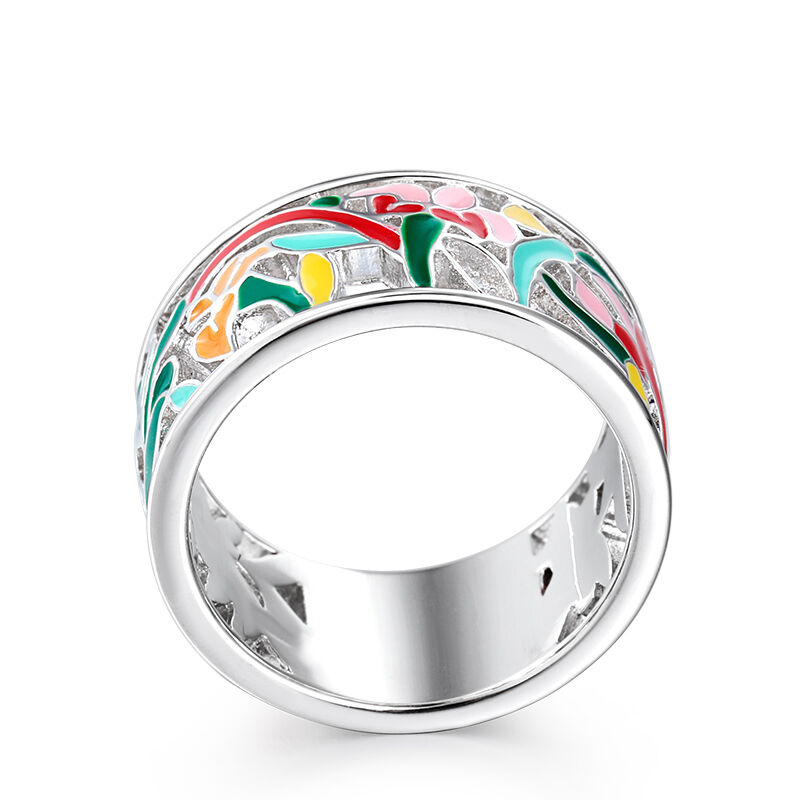 Jeulia "Floral Fantasy" Flower and Leaf Enamel Sterling Silver Women's Band