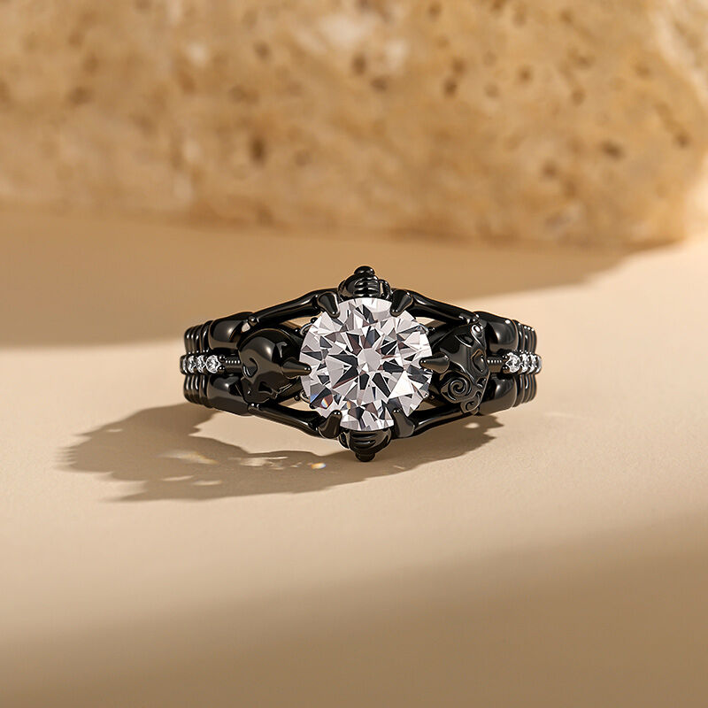 Jeulia Anel Caveira Negro Elegância Gótica Prata Sterling