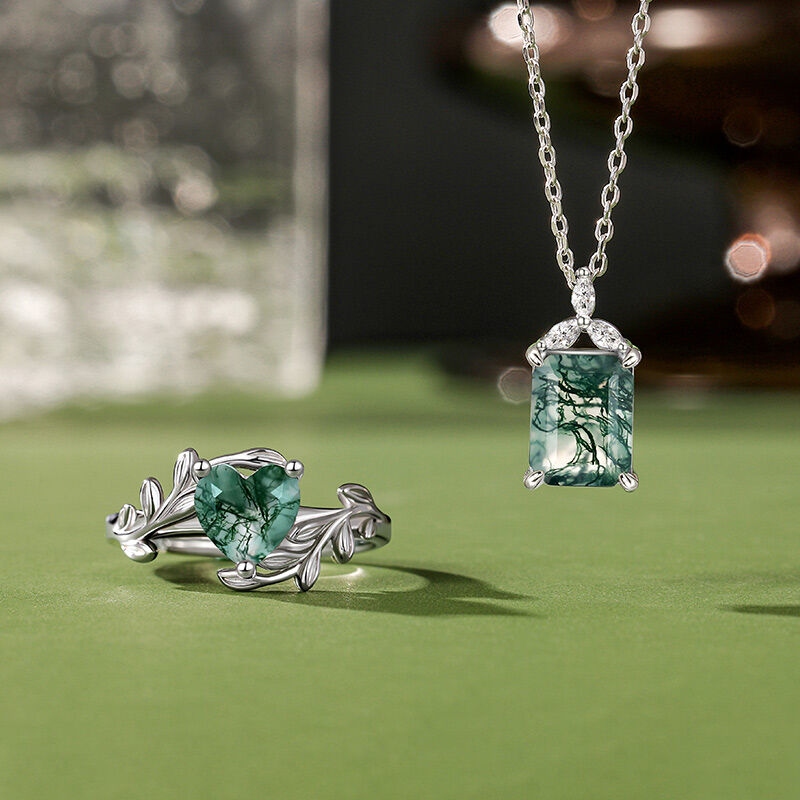 Jeulia Heart Shaped Moss Agate Engagement Ring