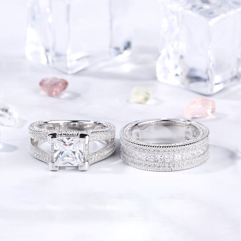 Jeulia Milgrain Princess Cut Sterling Silver Ring Set
