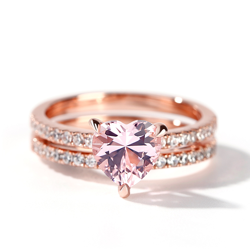 Jeulia Pink Heart Cut Synthetic Morganite Sterling Silver Ring Set