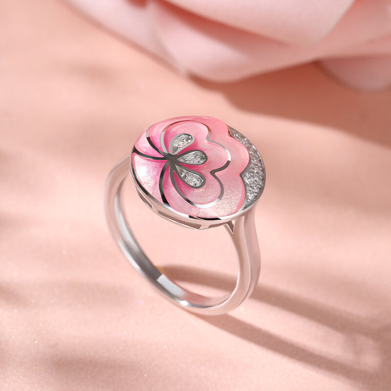 Jeulia "Pink Love" Flower Enamel Sterling Silver Ring