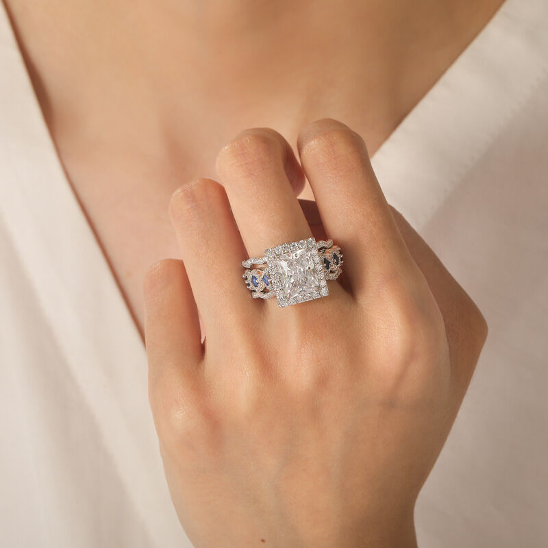 Jeulia Set Anello Nuziale Taglio Radiante con Alone in Argento Sterling 3 Pezzi