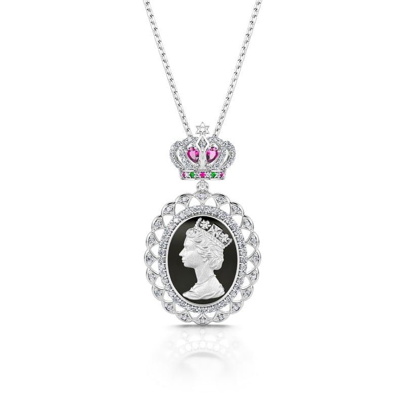 Jeulia "To Honour" Queen Elizabeth Portrait Black Enamel Sterling Silver Necklace