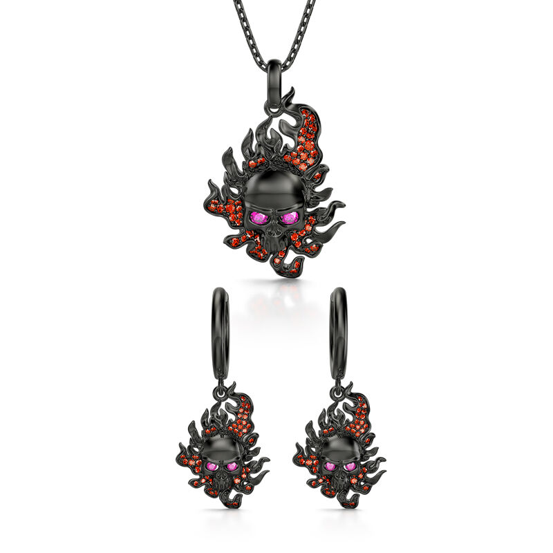 Jeulia "Burning Ghost" Skull Flame Sterling Silver Jewelry Set