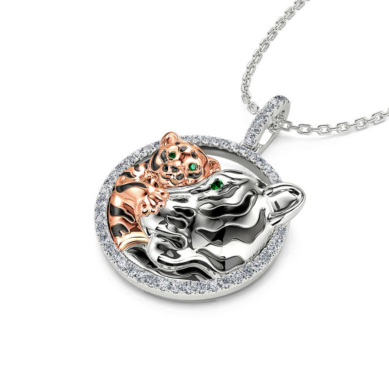 Jeulia "Huddle with You" Mom and Baby Tiger Pendant Sterling Silver Necklace